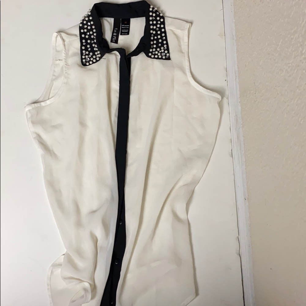 Social sheer button up shirt with pearls & jewels